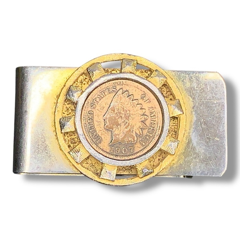 Vintage 1907 Indian Head Penny Silver Gold Tone Money Clip Men Gift Western